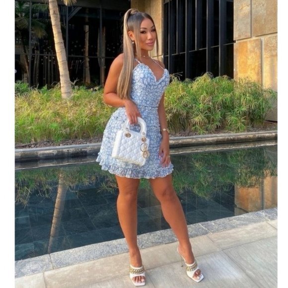 Blue Floral Print Sleeveless V-Neck Backless Ruffle Trim Mini Dress - Picture 2 of 7